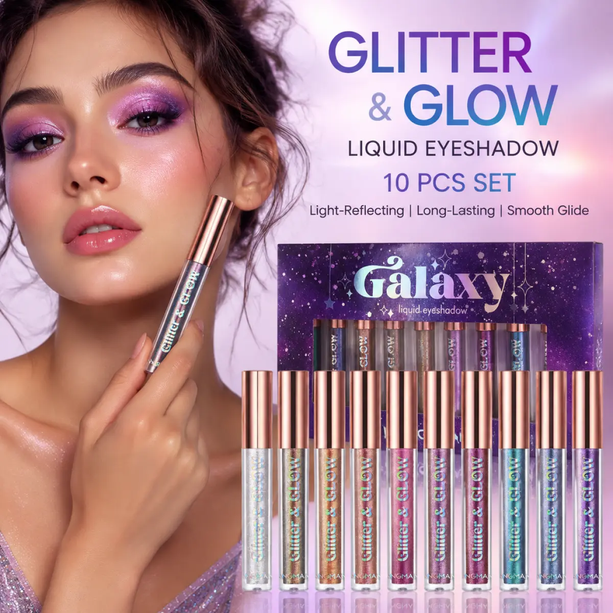 Langmanni Flawless Diamond Glow Silicone Liquid Eyeshadow 10Pcs Set, Waterproof Metallic Cosmetic for Daily Eyes, Lip & Face Highlight, Long-Lasting Sparkle Makeup