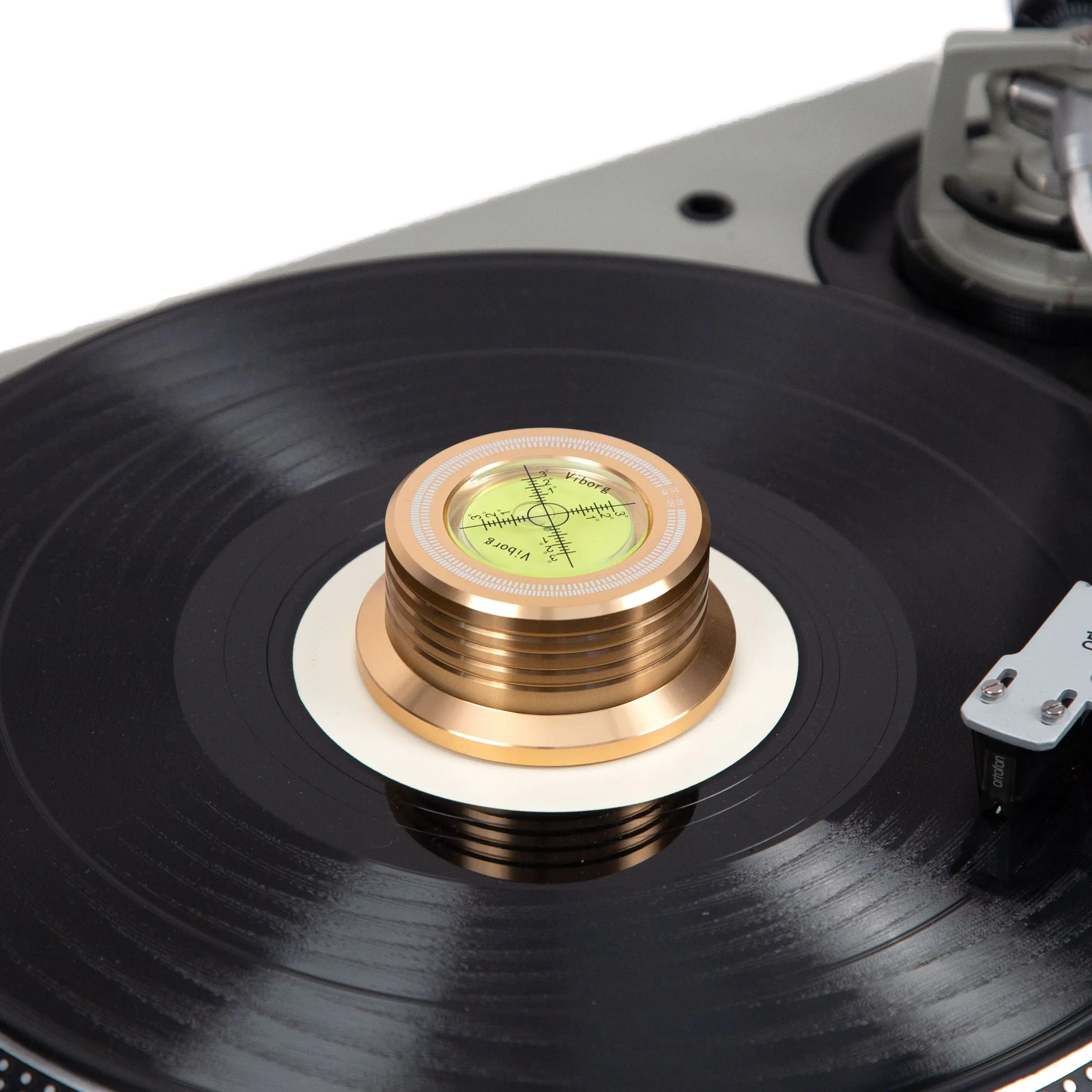 Viborg Gold Record Stabilizer Weight + Level, 360 Degree Dual Axis Bubble Level, Non-Magnetic Alloy Construction, Stroboscopic Markings, Improves Vinyl Sound