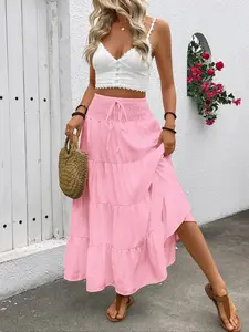 Women's Plain Boho Style High Waist A-Line Skirt, Woven Elasticity Loose-Fitting Long Dress with Adjustable Drawstring Design, Casual Fashion for All Seasons