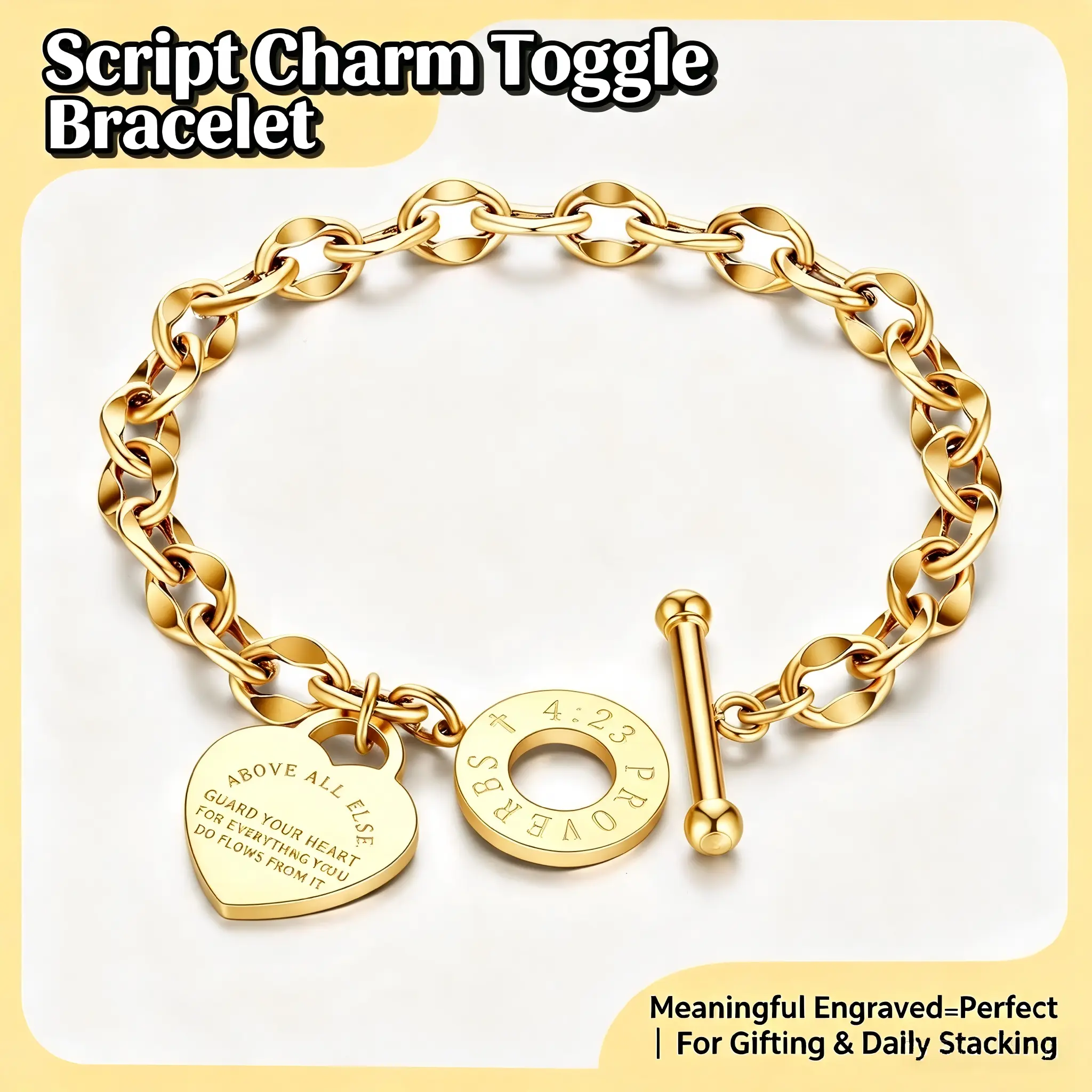 QUEENDO Engraved Heart Charm Toggle Bracelet, Thick Paperclip Link Chain with 2-Style Heart Pendants, Gold-Silver Multi-Color Adjustable OT-Clasp Stackable Wrist Ornament, Daily-Party Costume Jewelry Gift