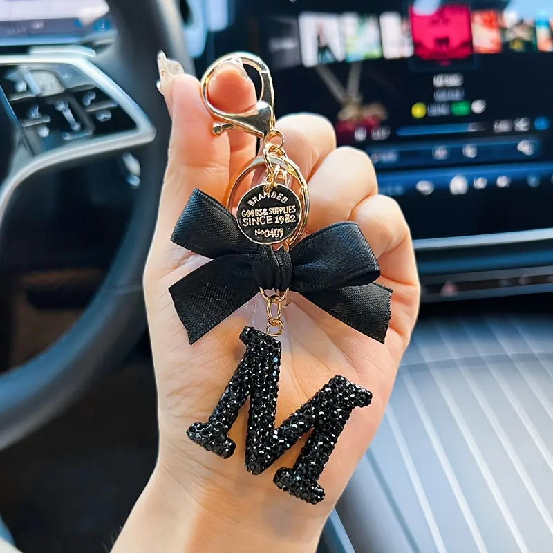 Women's Alphabet Keychain Jewelry - Chic Black Alloy Accessory with Rhinestone Accent, Bow, Cartoon-Themed Charm, Buckle - Ideal for Bag, Car Use, Birthday Gifting