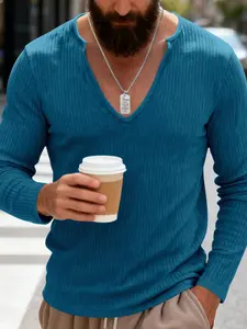 Men's Deep V Neck Striped Long Sleeve T-Shirt, Slim Fit Fitted Inner Layer, Casual Fall Winter, Medium Thickness, Street Style, Knit