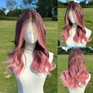 SMILCO/22Inch Ombre Brown Ash Pink 13*4 Lace Front Medium Curly Glueless Synthetic Wig/SM9658