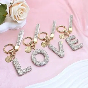White Initial Letter Keychain Gift for Women Girls Bling Sparkly Cute Backpack Car Key Accessories Lanyard