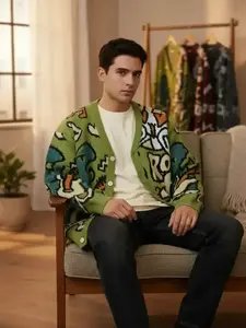 Men's Letter & Dinosaur Print Drop Shoulder Cardigan, Loose Casual Long Sleeve V Neck Button Front Knitwear for Fall & Winter, Men's Knit Clothing for Daily Wear