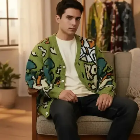 Men's Letter & Dinosaur Print Drop Shoulder Relaxed Fit Cardigan, Loose Casual Long Sleeve V Neck Button Front Aesthetic Casual Knitwear for Fall & Winter, Men's Knit Clothing for Daily Wear
