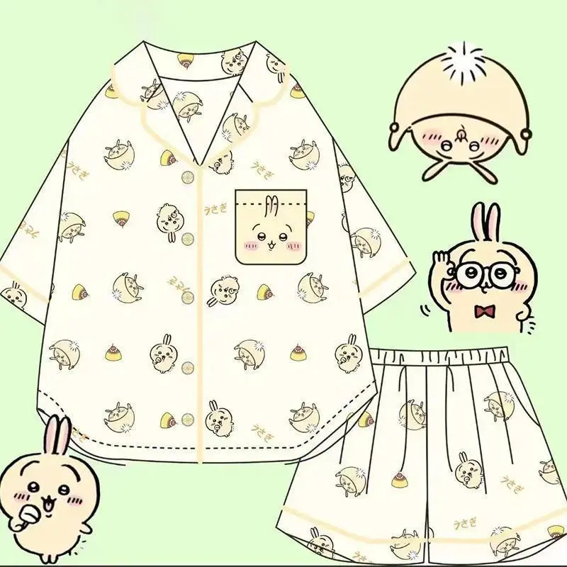 Chikawas Cute Pajamas Hachiware USAGI Summer Short-sleeved Pajamas Cartoon Home Clothes Set Can Be Worn Outside