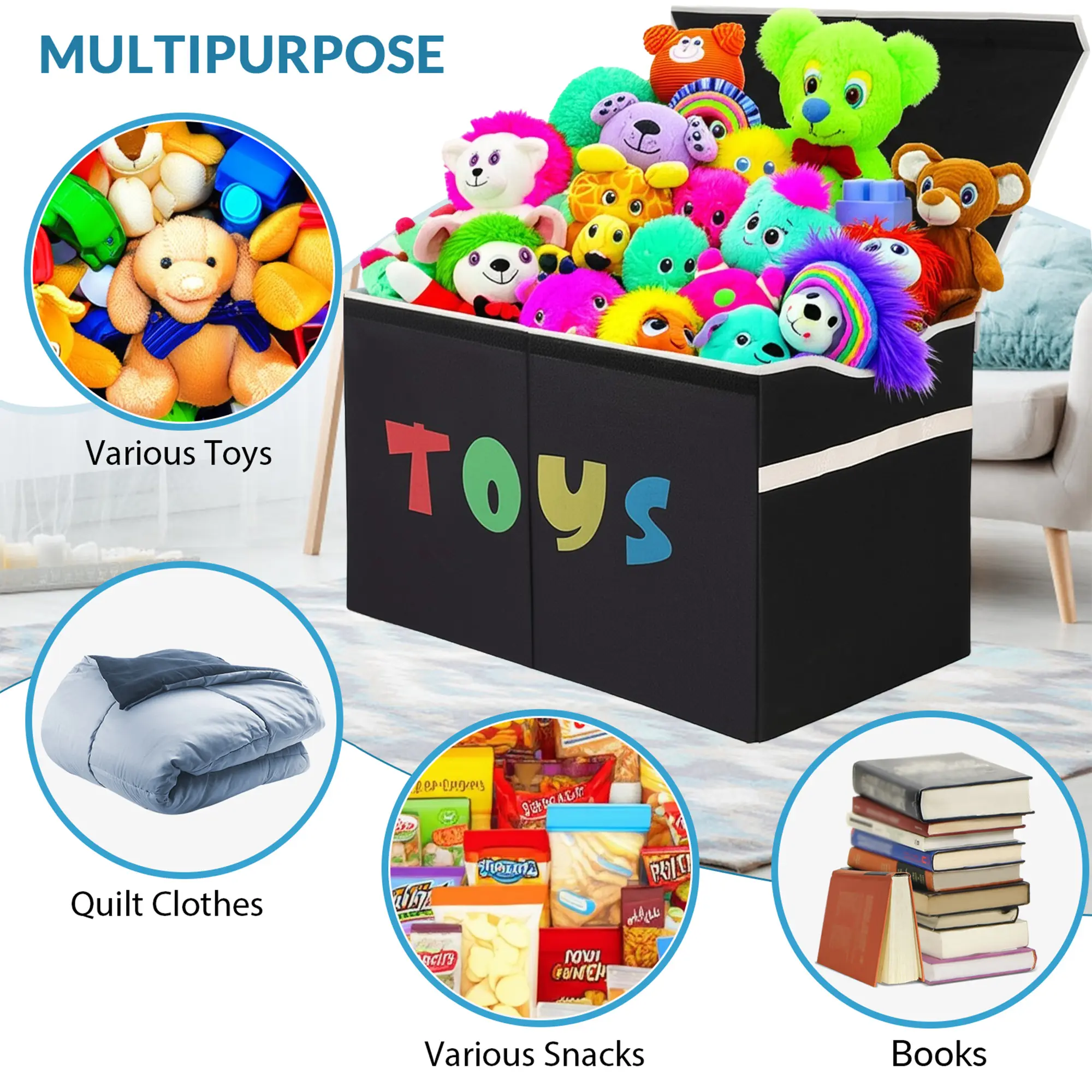 VICTORICH Eco-Friendly Linen Durable Classic Rectangle Fabric Toy Box Chest with Lid - 26.8 inches Extra Large Collapsible Storage Bin for Kids - Moisture-Protective Home Organizer for Playroom,Bathroom