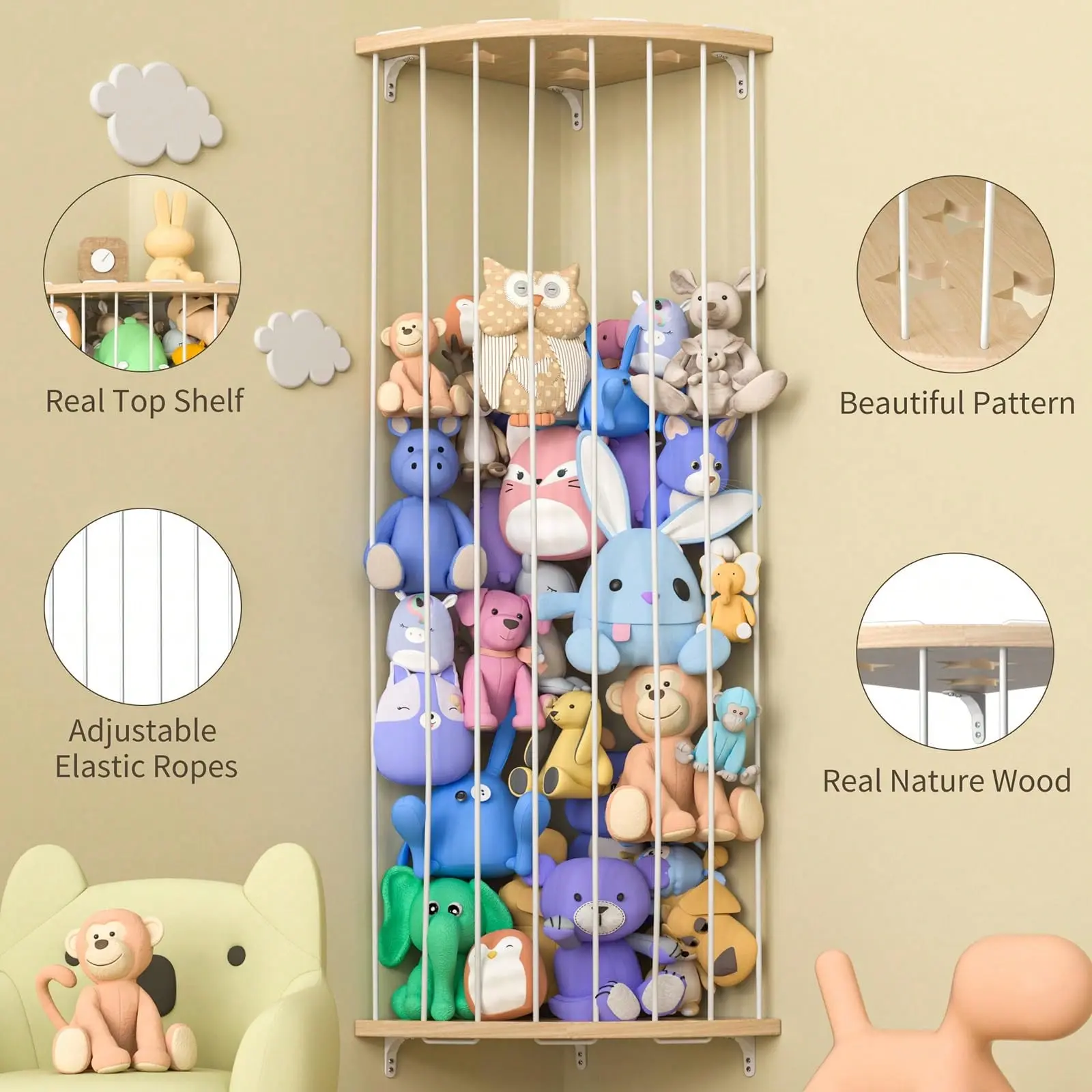 Stuffed Animal Storage Wood Corner Plush Toys Holder With Star Pattern, Length Adjustable Hanging Stuffed Animal Toy Organizer Shelf For Play Room Bedroom
