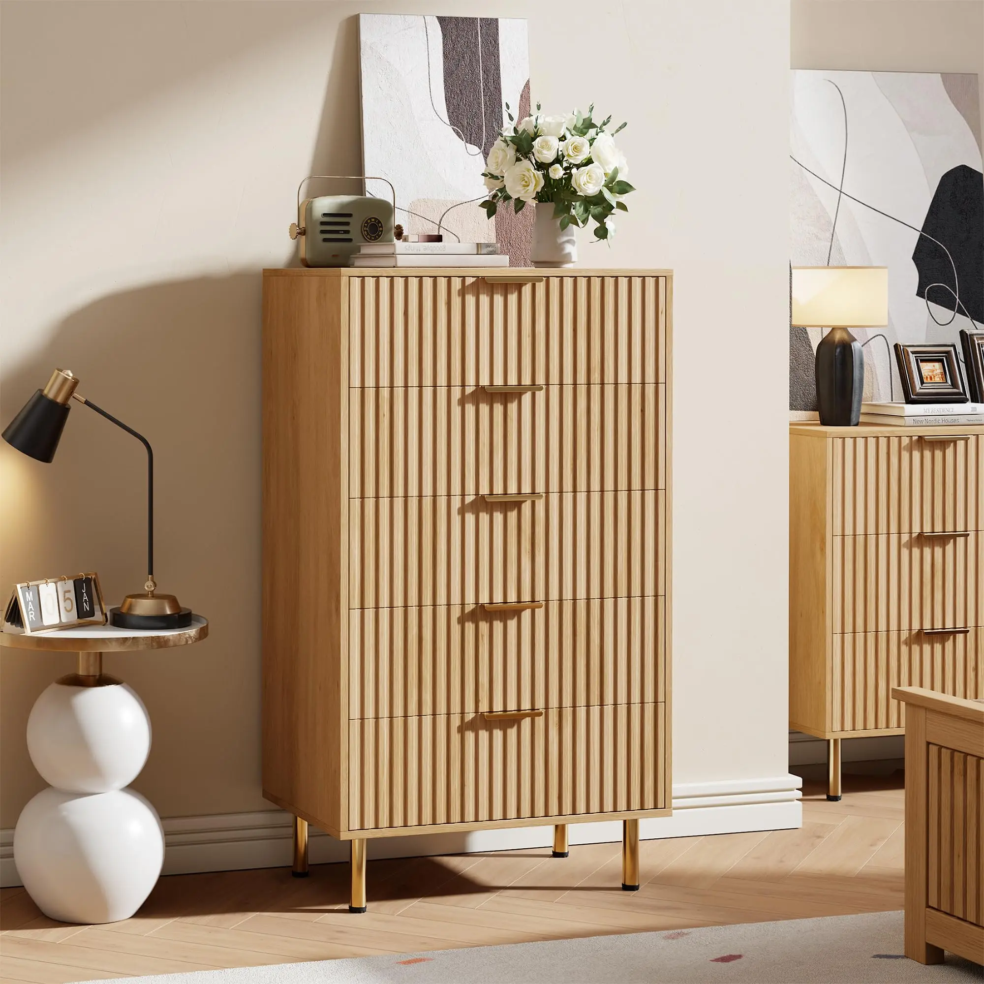 Fluted 5 Drawer Storage Dresser,Tall Modern Chest with Ample Deep Drawer and Wide Top,Wooden Organizer for Living Room,Hallway, and Kids Room,Natural