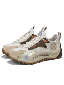 Men's Retro Colorblock Casual Sports Shoes, Mesh Leather Patchwork Laser Reflective Design, Badge Letter Print, Thick Sole, All-Season