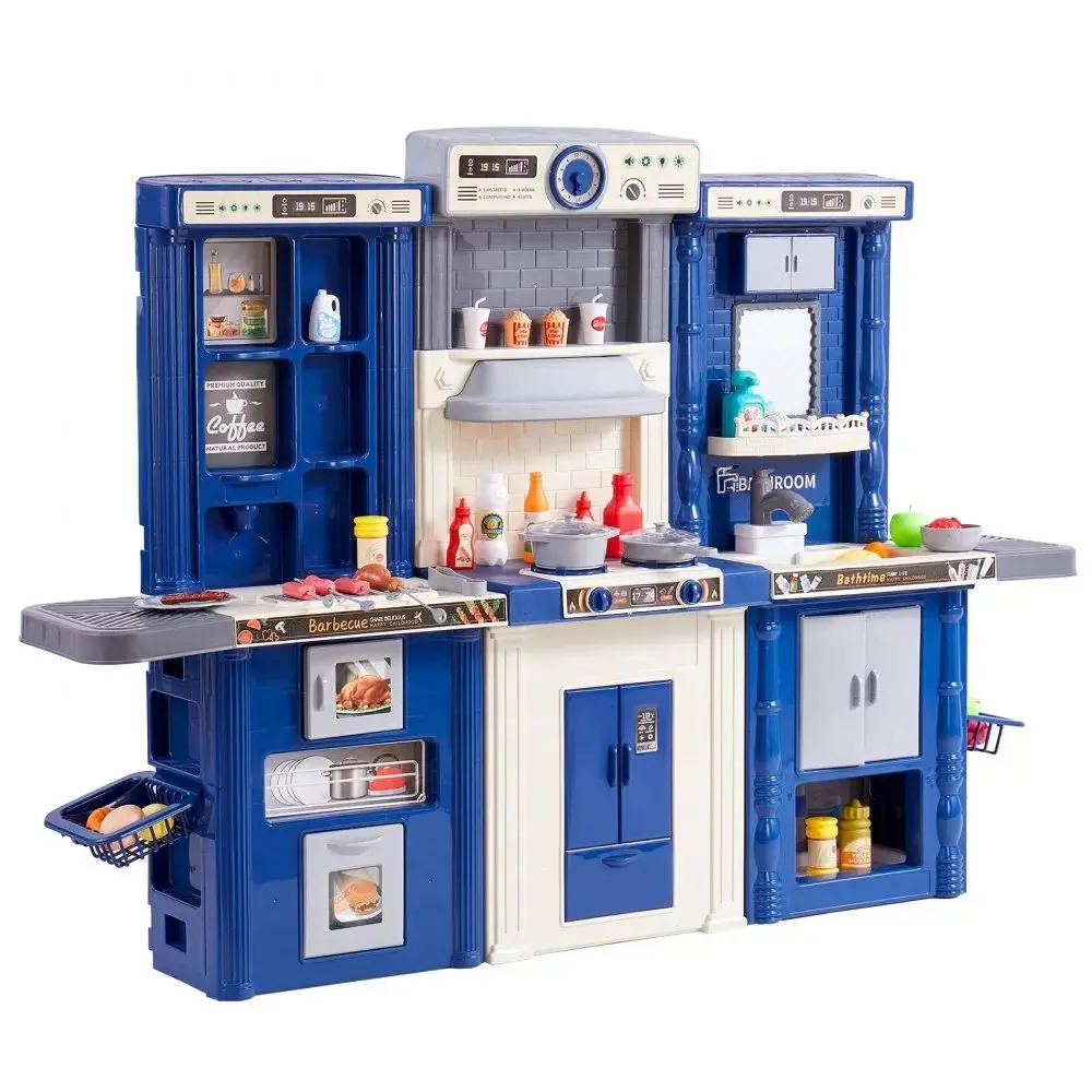VEVOR 3-in-1 Unisex Kids Kitchen Playset PVC Free - Simulated Spray, Sounds/Lights, 74 PCS Cooking Accessories, Kids Toys for Ages 3-8, Blue#SohoChic