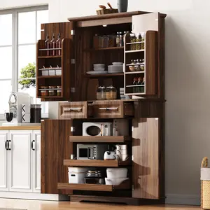 71" Tall Freestanding Kitchen Pantry Cabinet with 3 Pull Out Cabinet Organizers, Farmhouse Embossed Texture Storage Cupboard Featuring 6 Door Shelves and 2 Drawers, Versatile Brown Storage Furniture for Kitchen and Dining Room