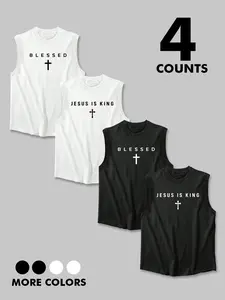 4 Piece Cross Print Sleeveless Tank Tops Set, and Colors, Blessed/jesus Is King Casual Fitted Style, Plain Pattern