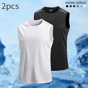 Men’s 2-piece solid round neck sleeveless sports vest, breathable, comfortable, quick-drying, sweat-absorbing tank top for running, outdoor exercise, basketball training, sport and outdoor clothing for summer, gym clothes