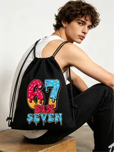 67 Six Seven printed drawstring backpack. Stylish multifunctional bag perfect for sports, fitness and daily use, ideal back-to-school and trendy gifts.