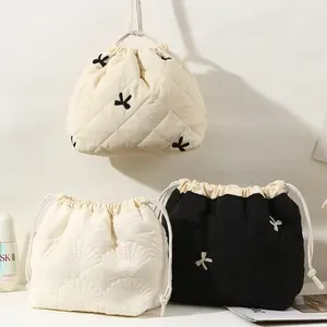 Cotton Quilted Drawstring Makeup Bag with Canvas Lining, Aesthetic Cute Travel Toiletry Bag,Drawstring Gift Bag for Women and Girls