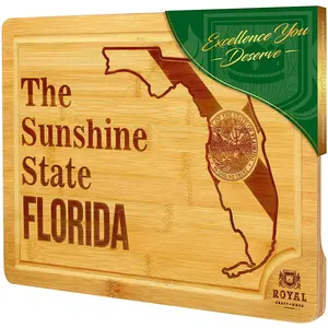 Royal Craft Wood Bamboo State Cutting Board for Kitchen, Florida Cheese Board, Charcuterie Platter, Chopping, Serving Tray, Knives Friendly, 15" x 10"