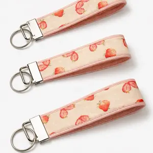 Strawberry Key Fob Wristlet, Fabric Keychain with Lobster Clasp, Cute Wristlet Keychain, Gift for Her, Handmade Strawberry Accessories