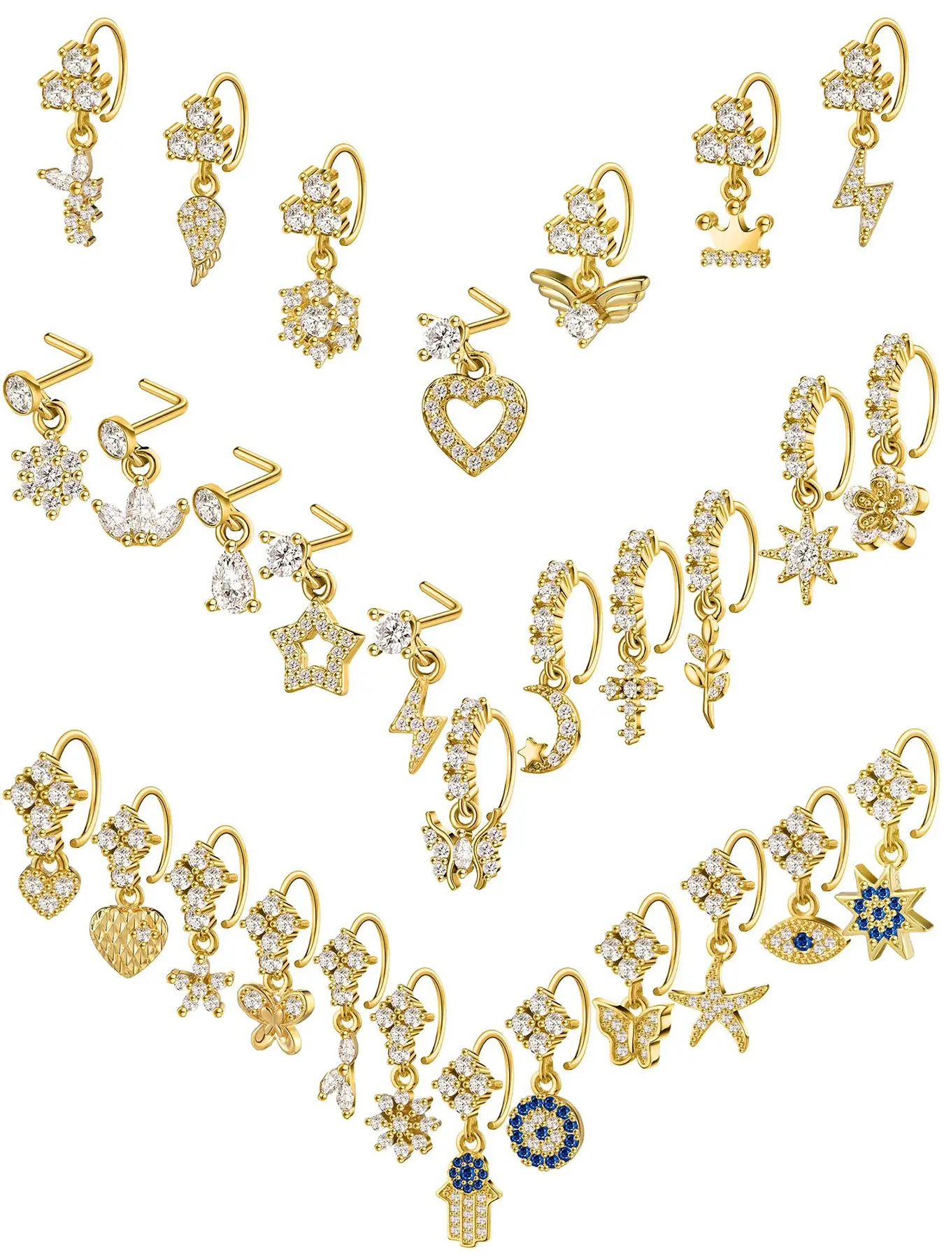 30pcs 20g Women's L-Shaped Nostril Nose Piercing Nose Rings Set, Artificial Zircon Body Piercing Jewelry, Casual Style, All Seasons Wear