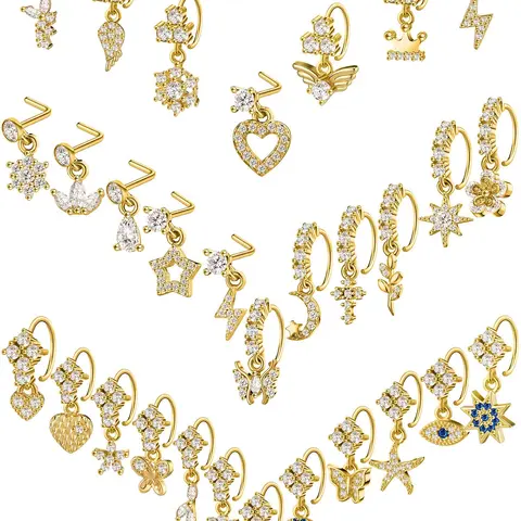 30pcs 20g Women's L-Shaped Nostril Nose Piercing Nose Rings Set, Artificial Zircon Body Piercing Jewelry, Casual Style, All Seasons Wear, Piercings Jewelry