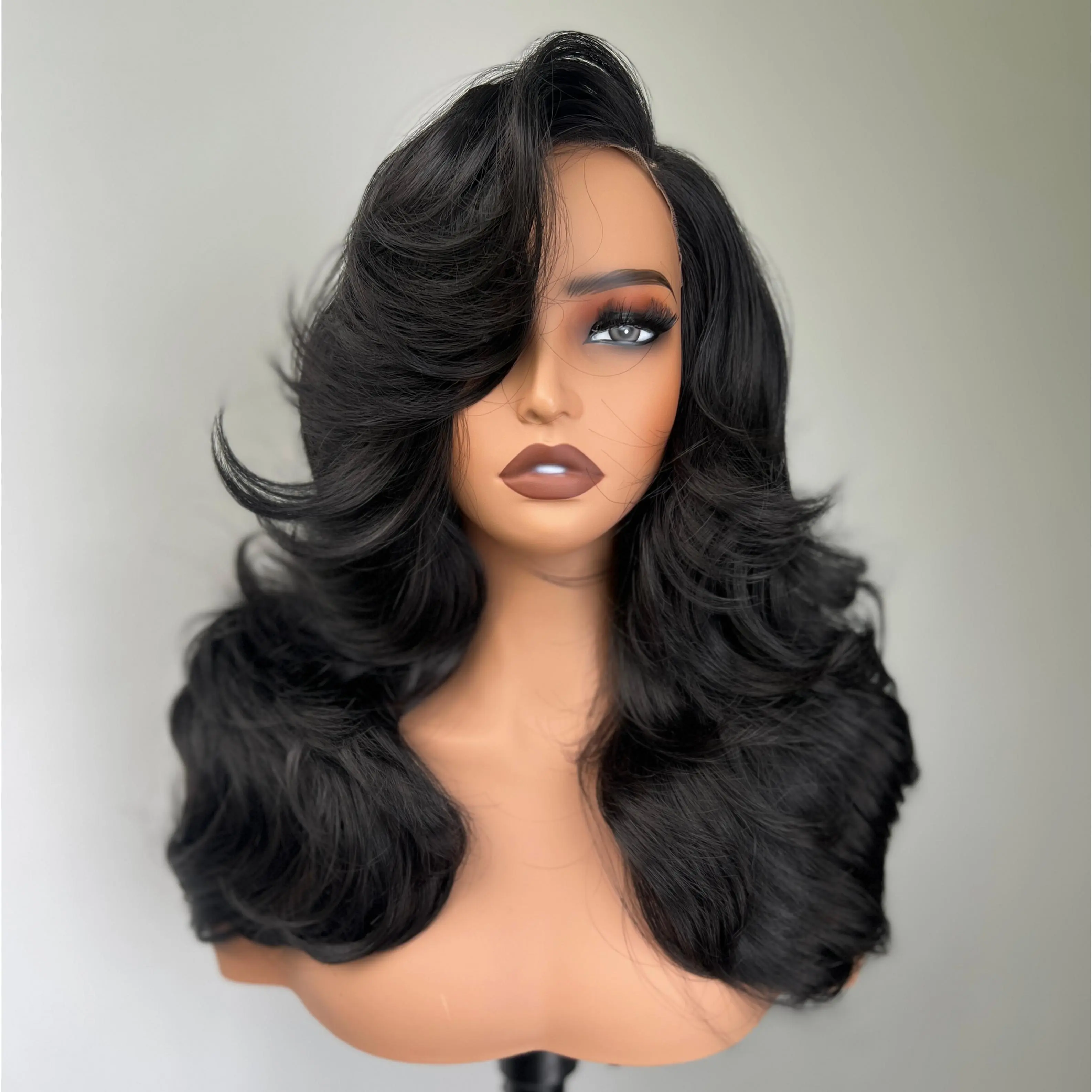 [Salon Blowout Layers] Beginher Hair 22 inches Heat Resistance 200% Density Layered Blowout Style Side Part 4x4x1 T-Part Lace Synthetic Wear Go Beginner Pre Cut Glueless Wigs Natural Black Color summerwins Heat Resistant Wig