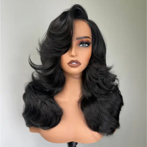[Salon Blowout Layers] Beginher Hair 22 inches Heat Resistance 200% Density Layered Blowout Style Side Part 4x4x1 T-Part Lace Synthetic Wear Go Beginner Pre Cut Glueless Wigs Natural Black Color summerwins Heat Resistant Wig