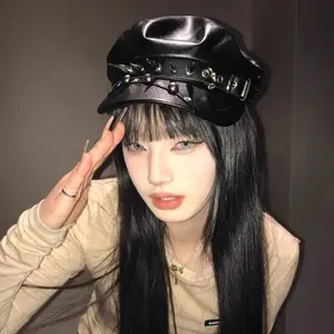 Vintage Rivet Beret Harajuku Y2K Girl Gothic Lolita Black Leather Dark Face Revealing Flat Top Newsboy Caps Sunscreen Beret Cap
