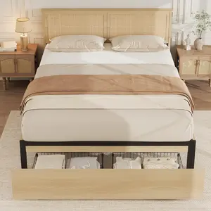 Full Bed Frame with Rattan Headboard, Rattan Bed Frame Full Size Bed Frame with 2 Drawers,  Natural Oak , Led Lights, Boho Storage Bed Frame , Noise Free, No Box Spring Needed