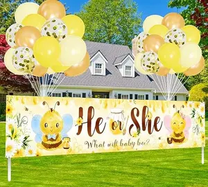 Bee Themed Gender Reveal Decorations Bee Sign Banner Gender Reveal Party Decorations He or She Hanging Banner with Balloons Boy Or Girl Backdrop Supplies Baby Shower Decor