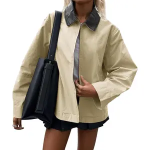Lannew Womens Oversized Barn Jackets Zip Up Contrast Collar Lightweight Cotton Canvas Coats 2025 Fall Western Outfits