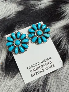 Native American Turquoise Cluster Stud Earrings | Genuine 925 Sterling Silver