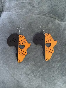 Large Wooden Africa Map Black Orange Women's Afro Dangle Earrings | Lightweight Statement Afrocentric Symbolic Tribal Earrings With Heart