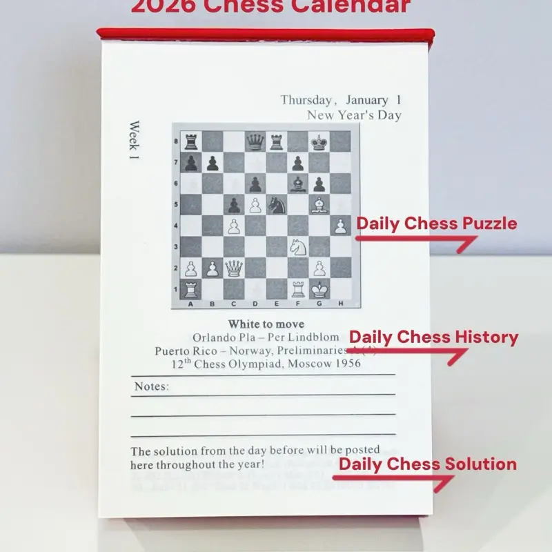 2026 Chess Calendar Daily Chess Puzzles History Waterproof Faux Leather Cover Perfect Gift for Chess Enthusiasts IM Silas Esben Lund
