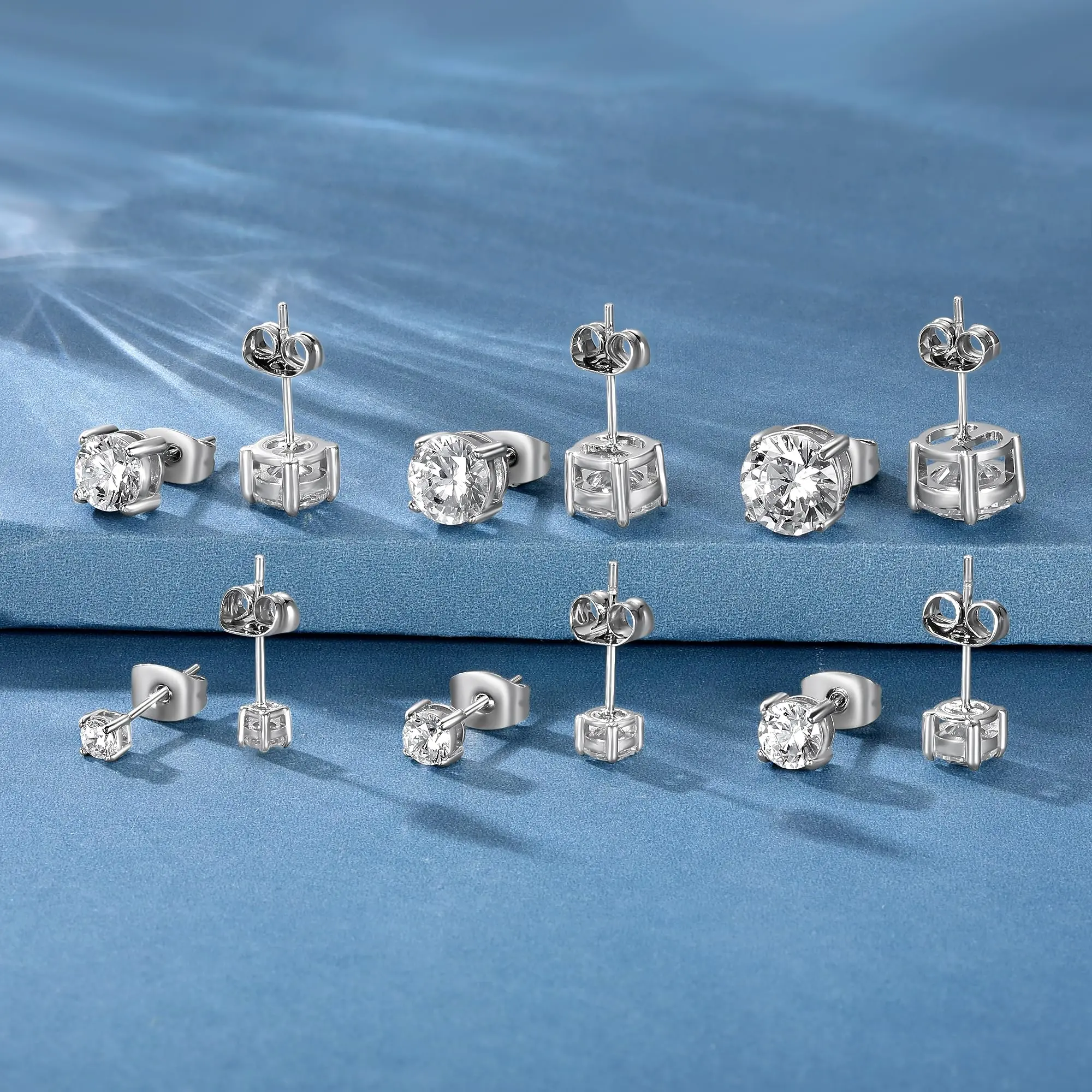 Titanium Stud Earrings Set with Round & Square Cut Cubic Zirconia, 6 Pairs of High Quality Hypoallergenic Earrings for Women & Men, 3-8mm, High Quality Earrings