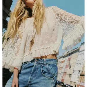 Women's Summer Trendy Lace T-Shirt Long Flared Sleeve Round Neck Sheer Party Tops