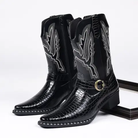 Men's Black Embroidered Pointed-Toe Mid-Calf Pull-On Cowboy Boots - Lightweight, Comfortable Footwear for Rodeo, Country Concert Cowboy Aesthetic Events