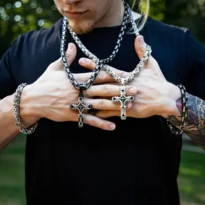 2pcs Vintage Men's Fashion Necklace Set with Cuban Chain & Stainless Steel Cross Pendant