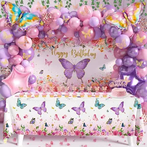Butterfly Birthday Decorations Party Supplies for Girls Women with   Balloon Arch Kit Backdrop Tablecloth Butterfly Wall Decor Foil Balloons Cake Toppers