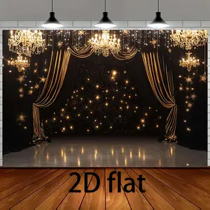 2D Flat Dazzling Chandelier Backdrop, Ornate Curtains with Twinkling Light Effects, Luxury Romantic Decor for New Year Party Wedding Stage Performance Indoor Outdoor Events, Photo Booth, Party Banner