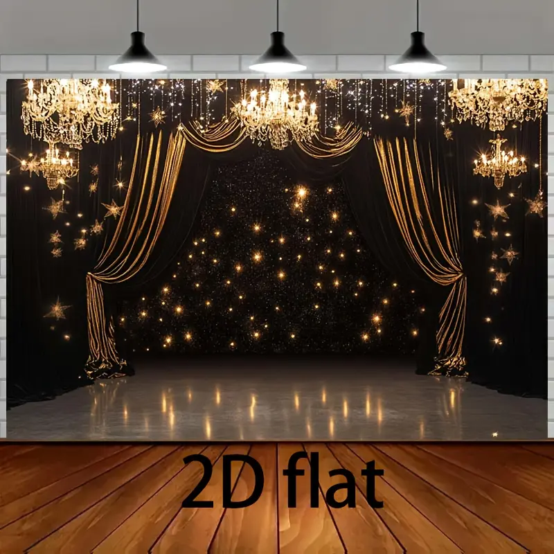 2D Flat Dazzling Chandelier Backdrop, Ornate Curtains with Twinkling Light Effects, Luxury Romantic Decor for New Year Party Wedding Stage Performance Indoor Outdoor Events, Photo Booth, Party Banner