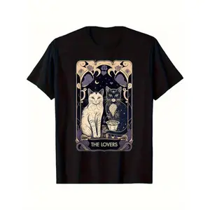 Men's Tarot Lovers Card T-Shirt with Mystical Cat, Stars & Moon Design - 3X Size Large Occult-Themed Casual Shirt, Tarot Reader Outfit, Machine Washable Digital Print (Costume Party & Casual Attire)