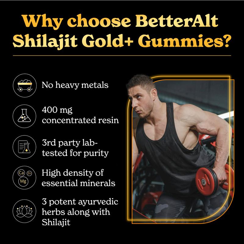 BetterAlt GOLD+ Shilajit Gummies | with Ashwagandha, Safed Musli | Advanced Fitness Supplement for Stamina | Lab-tested For Purity | 60 Gummies