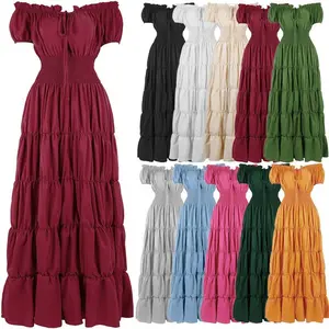 RenaissanceCostumeWomenMedievalIrishUnderDressRetroGownWenchPeasantSmockedWaistLongDressesHalloweenCostumesGirlsCorsetDress