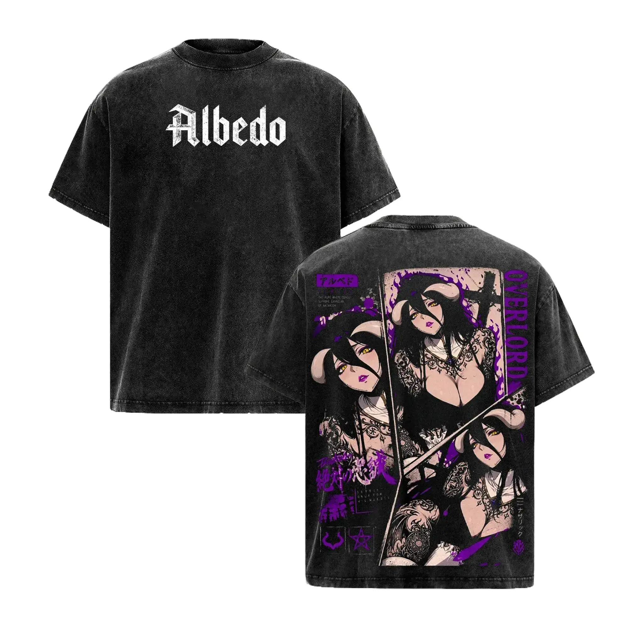 Vintage Washed Albedo Overlord Anime Graphic Tee for Men Women, Oversized Heavyweight Cotton Acid Wash Streetwear T-Shirt, Japanese Manga Cosplay Grunge Y2K Top, Retro Goth Waifu Overseer Apparel for Casual Wear, Comic Con & Everyday Summer Fashion.