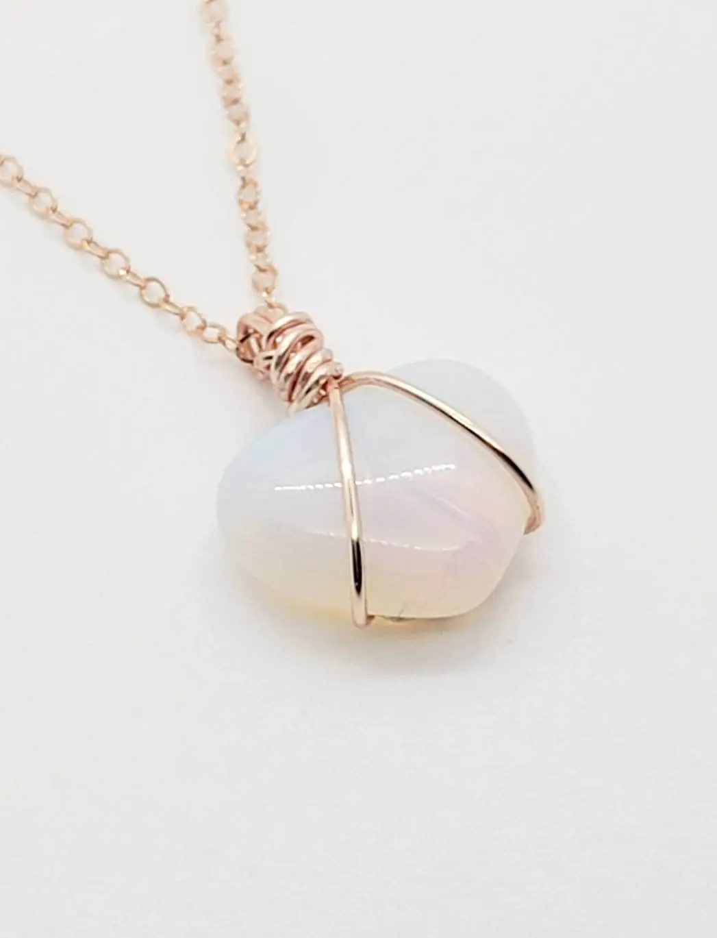 14K Rose Gold Opalite Heart Necklace: Healing Crystal Jewelry