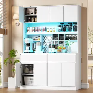 71" Tall Kitchen Pantry Storage Cabinet, Kitchen Hutch with Charging Station & LED Light, Buffet Cabinet with Microwave Stand, White Food Pantry with Drawers