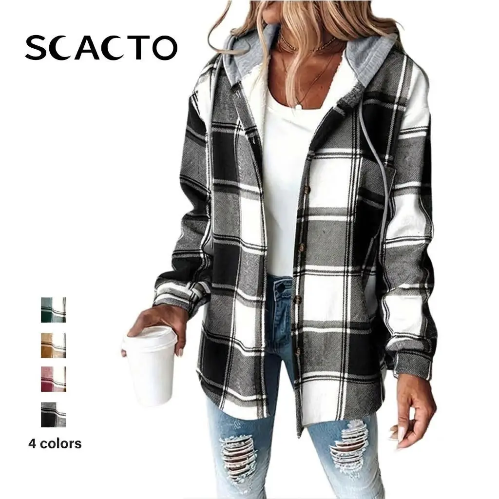 Scacto Womens Casual Jacket Plaid Hooded Fleece Lined Shacket, 95% Polyester 5% Spandex, Lightweight Long Sleeve Jacket, Button Front Warm Coat with Side Pockets, Daily Fall Winter Wear