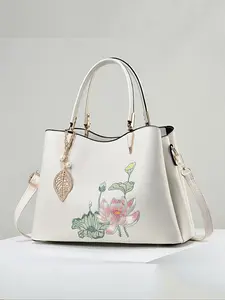 Women's Elegant Lotus Flower Pattern Handbag, Fashionable Large Capacity Shoulder Bag for Daily Used, Casual Trendy Versatile High-quality Daily Commuting Bag