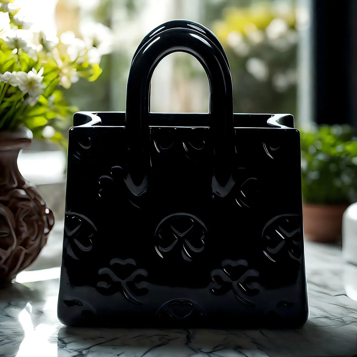 Black Compact Handbag-Shaped Ceramic Vase with Clover, Decorative Chic Design, 5.9"L x 2.95"W x 7.08"H, Multi-Use Item for Flower Display & Makeup Brushes, Gothic-Modern Women's Home Decor, Chic Handbag Design